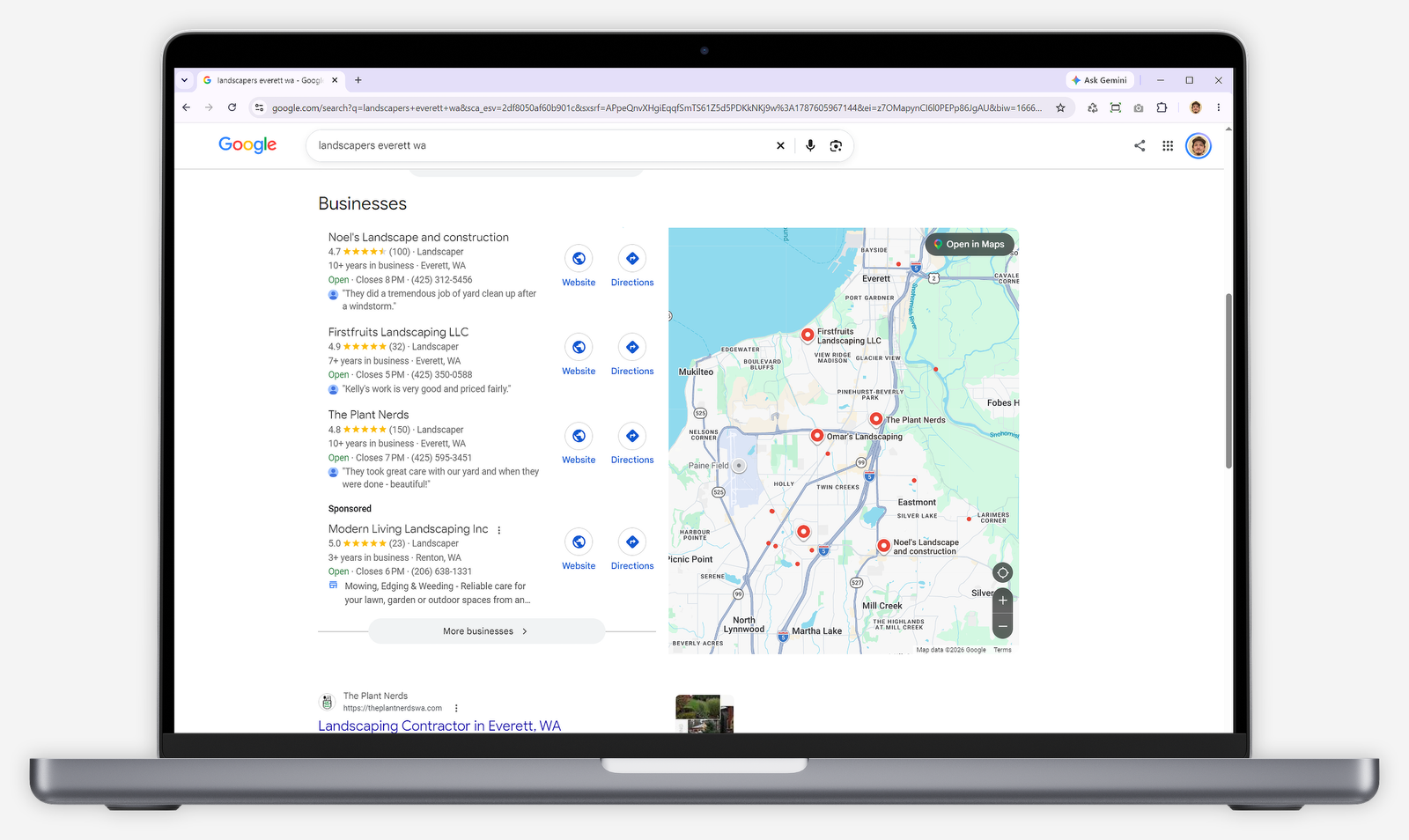 Laptop displaying local Google search and map results for landscapers in Everett, Washington