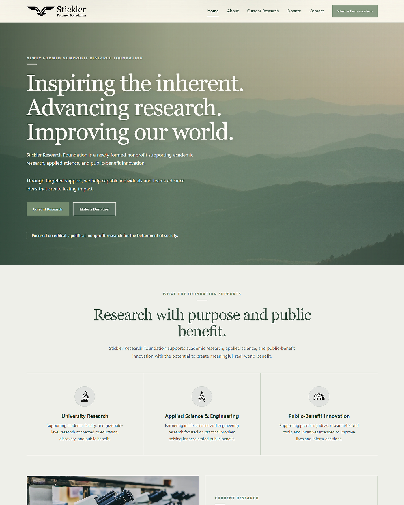 Stickler Research Foundation homepage design